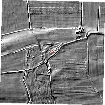 Shaded relief map of the ground around LN12NB, computed from Environment Agency LiDAR. The ground here sits at about 6 m above sea level and falls 5 m across the surrounding 800 m. Surface water reaching this point runs off ground lying to the south, 3.6 m higher.
