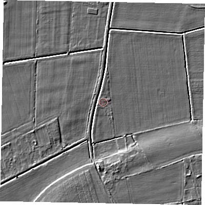 Shaded relief map of the ground around LN12ND, computed from Environment Agency LiDAR. The ground here sits at about 5 m above sea level and falls 4 m across the surrounding 800 m. Surface water reaching this point runs off ground lying to the north, 2.4 m higher.