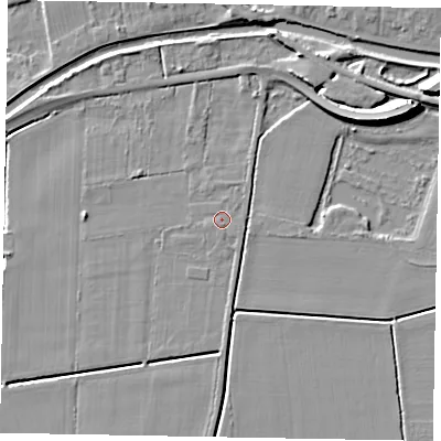 Shaded relief map of the ground around LN12NE, computed from Environment Agency LiDAR. The ground here sits at about 5 m above sea level and falls 11 m across the surrounding 800 m. Surface water reaching this point runs off ground lying to the south, 0.7 m higher.