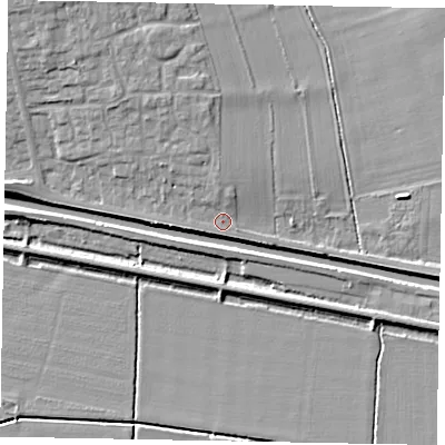 Shaded relief map of the ground around LN12NF, computed from Environment Agency LiDAR. The ground here sits at about 7 m above sea level and falls 9 m across the surrounding 800 m. Surface water reaching this point runs off ground lying to the north-north-west, 2.8 m higher.