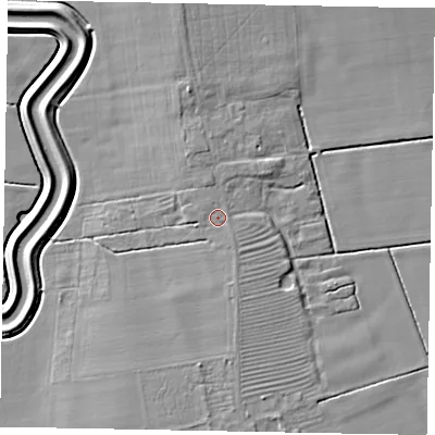 Shaded relief map of the ground around LN12NG, computed from Environment Agency LiDAR. The ground here sits at about 9 m above sea level and falls 8 m across the surrounding 800 m. Surface water reaching this point runs off ground lying to the south-south-east, 0.7 m higher.