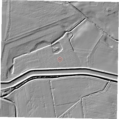 Shaded relief map of the ground around LN12NH, computed from Environment Agency LiDAR. The ground here sits at about 4 m above sea level and falls 6 m across the surrounding 800 m. Surface water reaching this point runs off ground lying to the south, 3.6 m higher.