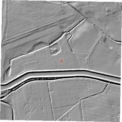 Shaded relief map of the ground around LN12NJ, computed from Environment Agency LiDAR. The ground here sits at about 4 m above sea level and falls 6 m across the surrounding 800 m. Surface water reaching this point runs off ground lying to the south-south-west, 3.5 m higher.