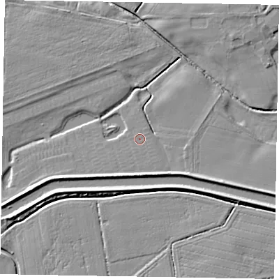 Shaded relief map of the ground around LN12NL, computed from Environment Agency LiDAR. The ground here sits at about 4 m above sea level and falls 6 m across the surrounding 800 m. The ground contributing surface water to this point lies to the south-east.
