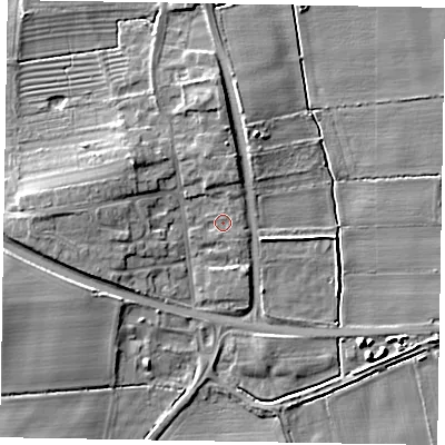 Shaded relief map of the ground around LN12NN, computed from Environment Agency LiDAR. The ground here sits at about 7 m above sea level and falls 8 m across the surrounding 800 m. Surface water reaching this point runs off ground lying to the north-north-east, 0.9 m higher.