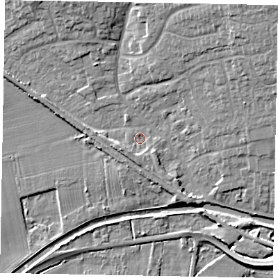 Shaded relief map of the ground around LN12NR, computed from Environment Agency LiDAR. The ground here sits at about 6 m above sea level and falls 11 m across the surrounding 800 m. Surface water reaching this point runs off ground lying to the south-west, 3.0 m higher.