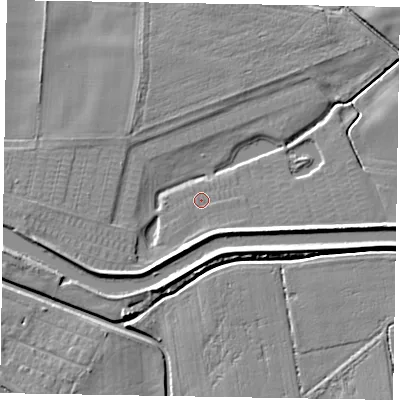 Shaded relief map of the ground around LN12NW, computed from Environment Agency LiDAR. The ground here sits at about 4 m above sea level and falls 6 m across the surrounding 800 m. Surface water reaching this point runs off ground lying to the south-south-west, 3.8 m higher.