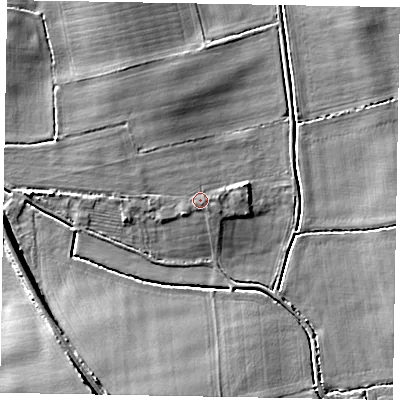 Shaded relief map of the ground around LN12NX, computed from Environment Agency LiDAR. The ground here sits at about 9 m above sea level and falls 8 m across the surrounding 800 m. The ground contributing surface water to this point lies to the east-south-east.