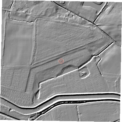 Shaded relief map of the ground around LN12NY, computed from Environment Agency LiDAR. The ground here sits at about 4 m above sea level and falls 6 m across the surrounding 800 m. Surface water reaching this point runs off ground lying to the south-east, 5.3 m higher.