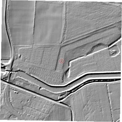 Shaded relief map of the ground around LN12NZ, computed from Environment Agency LiDAR. The ground here sits at about 5 m above sea level and falls 6 m across the surrounding 800 m. Surface water reaching this point runs off ground lying to the south-west, 1.0 m higher.
