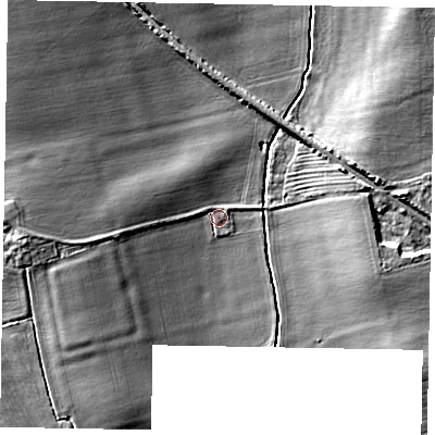 Shaded relief map of the ground around LN12PB, computed from Environment Agency LiDAR. The ground here sits at about 6 m above sea level and falls 8 m across the surrounding 800 m. Surface water reaching this point runs off ground lying to the west, 7.9 m higher.
