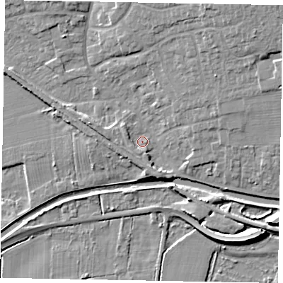Shaded relief map of the ground around LN12PF, computed from Environment Agency LiDAR. The ground here sits at about 6 m above sea level and falls 11 m across the surrounding 800 m. Surface water reaching this point runs off ground lying to the south-south-east, 3.2 m higher.