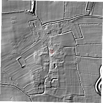 Shaded relief map of the ground around LN12PH, computed from Environment Agency LiDAR. The ground here sits at about 7 m above sea level and falls 8 m across the surrounding 800 m. Surface water reaching this point runs off ground lying to the south-west, 4.8 m higher.
