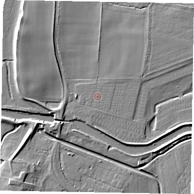Shaded relief map of the ground around LN12PN, computed from Environment Agency LiDAR. The ground here sits at about 5 m above sea level and falls 9 m across the surrounding 800 m. Surface water reaching this point runs off ground lying to the south, 0.7 m higher.