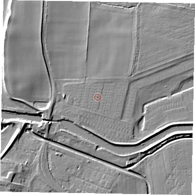 Shaded relief map of the ground around LN12PP, computed from Environment Agency LiDAR. The ground here sits at about 5 m above sea level and falls 9 m across the surrounding 800 m. Surface water reaching this point runs off ground lying to the south-south-west, 0.8 m higher.