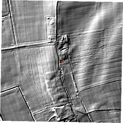 Shaded relief map of the ground around LN12PW, computed from Environment Agency LiDAR. The ground here sits at about 10 m above sea level and falls 9 m across the surrounding 800 m. Surface water reaching this point runs off ground lying to the south-south-west, 1.1 m higher.