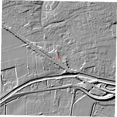 Shaded relief map of the ground around LN12PX, computed from Environment Agency LiDAR. The ground here sits at about 8 m above sea level and falls 11 m across the surrounding 800 m. Surface water reaching this point runs off ground lying to the west-north-west, 1.2 m higher.