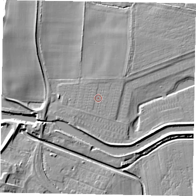 Shaded relief map of the ground around LN12PY, computed from Environment Agency LiDAR. The ground here sits at about 5 m above sea level and falls 8 m across the surrounding 800 m. Surface water reaching this point runs off ground lying to the west-south-west, 0.9 m higher.