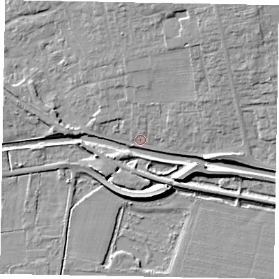 Shaded relief map of the ground around LN12PZ, computed from Environment Agency LiDAR. The ground here sits at about 6 m above sea level and falls 10 m across the surrounding 800 m. Surface water reaching this point runs off ground lying to the north-north-east, 7.8 m higher.