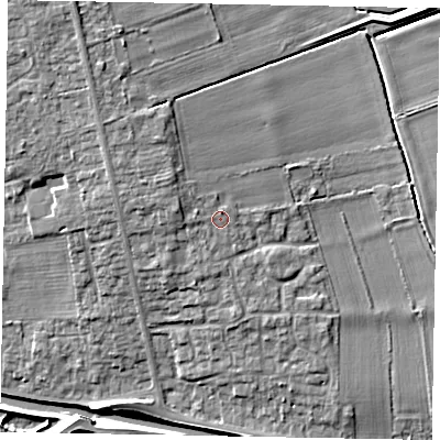 Shaded relief map of the ground around LN12QE, computed from Environment Agency LiDAR. The ground here sits at about 11 m above sea level and falls 12 m across the surrounding 800 m. Surface water reaching this point runs off ground lying to the west-north-west, 2.5 m higher.