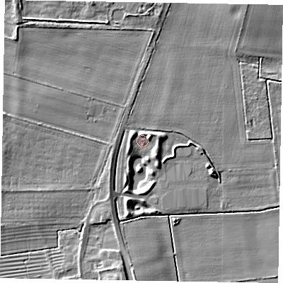 Shaded relief map of the ground around LN12QU, computed from Environment Agency LiDAR. The ground here sits at about 6 m above sea level and falls 6 m across the surrounding 800 m. Surface water reaching this point runs off ground lying to the east-north-east, 5.4 m higher.