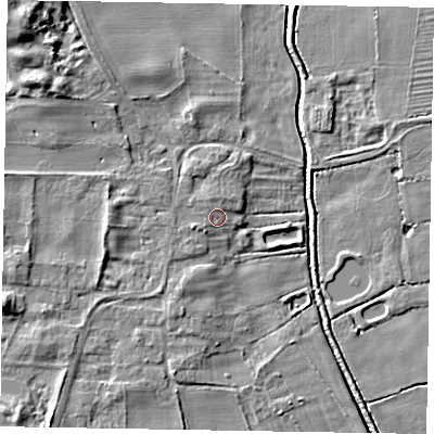 Shaded relief map of the ground around LN12QX, computed from Environment Agency LiDAR. The ground here sits at about 6 m above sea level and falls 10 m across the surrounding 800 m. Surface water reaching this point runs off ground lying to the north-north-west, 1.3 m higher.