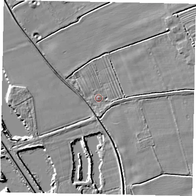 Shaded relief map of the ground around LN12RE, computed from Environment Agency LiDAR. The ground here sits at about 6 m above sea level and falls 8 m across the surrounding 800 m. Surface water reaching this point runs off ground lying to the east-north-east, 6.0 m higher.