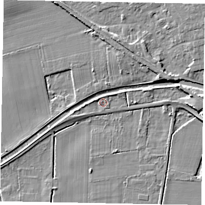 Shaded relief map of the ground around LN12RY, computed from Environment Agency LiDAR. The ground here sits at about 6 m above sea level and falls 6 m across the surrounding 800 m. Surface water reaching this point runs off ground lying to the west-north-west, 1.6 m higher.