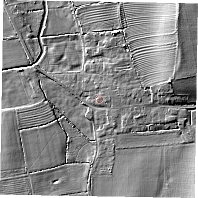 Shaded relief map of the ground around LN12SB, computed from Environment Agency LiDAR. The ground here sits at about 6 m above sea level and falls 11 m across the surrounding 800 m. Surface water reaching this point runs off ground lying to the east-north-east, 1.1 m higher.
