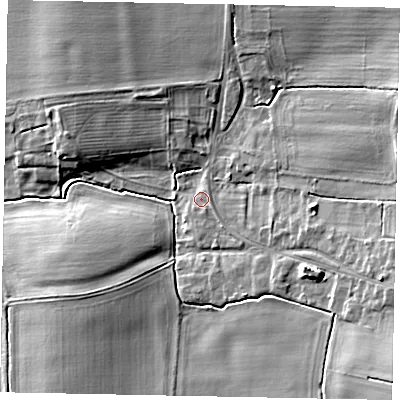 Shaded relief map of the ground around LN12SE, computed from Environment Agency LiDAR. The ground here sits at about 21 m above sea level and falls 15 m across the surrounding 800 m. Surface water reaching this point runs off ground lying to the east-south-east, 7.6 m higher.