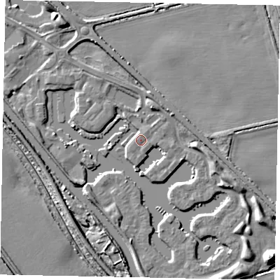 Shaded relief map of the ground around LN12TS, computed from Environment Agency LiDAR. The ground here sits at about 6 m above sea level and falls 8 m across the surrounding 800 m. Surface water reaching this point runs off ground lying to the north-north-east, 3.5 m higher.