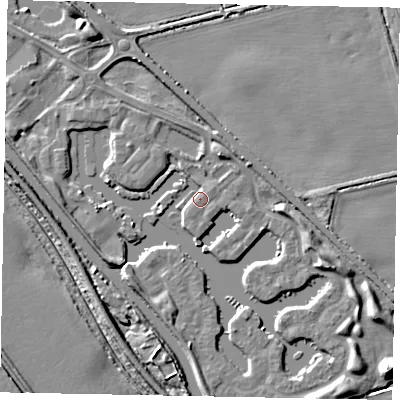 Shaded relief map of the ground around LN12TU, computed from Environment Agency LiDAR. The ground here sits at about 6 m above sea level and falls 8 m across the surrounding 800 m. Surface water reaching this point runs off ground lying to the north-north-east, 3.5 m higher.