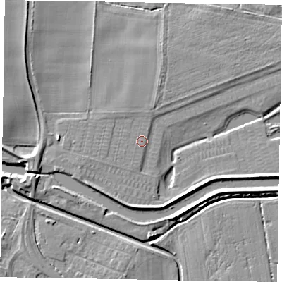 Shaded relief map of the ground around LN12TW, computed from Environment Agency LiDAR. The ground here sits at about 5 m above sea level and falls 6 m across the surrounding 800 m. Surface water reaching this point runs off ground lying to the south-south-west, 1.0 m higher.