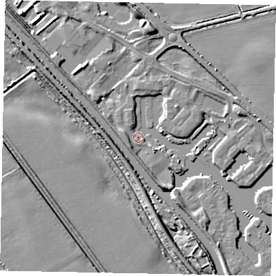 Shaded relief map of the ground around LN12UA, computed from Environment Agency LiDAR. The ground here sits at about 6 m above sea level and falls 7 m across the surrounding 800 m. Surface water reaching this point runs off ground lying to the south-west, 2.7 m higher.