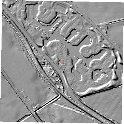 Shaded relief map of the ground around LN12UZ, computed from Environment Agency LiDAR. The ground here sits at about 6 m above sea level and falls 7 m across the surrounding 800 m. Surface water reaching this point runs off ground lying to the south-south-west, 1.3 m higher.