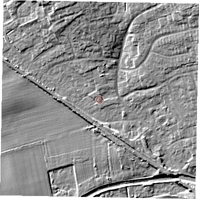 Shaded relief map of the ground around LN12WD, computed from Environment Agency LiDAR. The ground here sits at about 7 m above sea level and falls 13 m across the surrounding 800 m. Surface water reaching this point runs off ground lying to the north, 1.1 m higher.