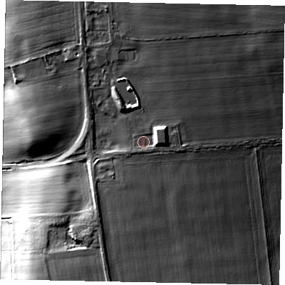 Shaded relief map of the ground around LN12WE, computed from Environment Agency LiDAR. The ground here sits at about 66 m above sea level and falls 25 m across the surrounding 800 m. Surface water reaching this point runs off ground lying to the east, 4.6 m higher.