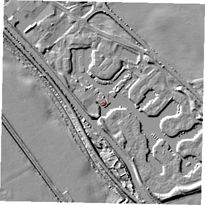 Shaded relief map of the ground around LN12WN, computed from Environment Agency LiDAR. The ground here sits at about 6 m above sea level and falls 7 m across the surrounding 800 m. Surface water reaching this point runs off ground lying to the south-east, 3.1 m higher.