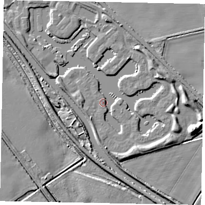 Shaded relief map of the ground around LN12WP, computed from Environment Agency LiDAR. The ground here sits at about 6 m above sea level and falls 8 m across the surrounding 800 m. Surface water reaching this point runs off ground lying to the north-east, 4.3 m higher.