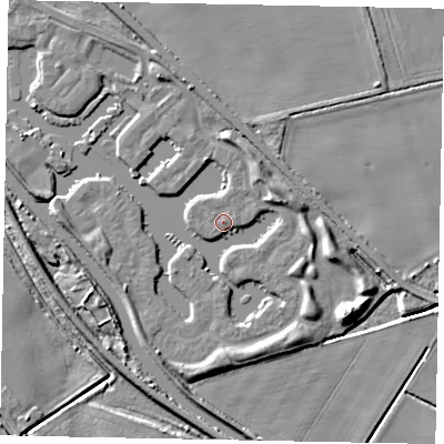 Shaded relief map of the ground around LN12WQ, computed from Environment Agency LiDAR. The ground here sits at about 6 m above sea level and falls 8 m across the surrounding 800 m. Surface water reaching this point runs off ground lying to the north-west, 0.7 m higher.