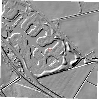 Shaded relief map of the ground around LN12WR, computed from Environment Agency LiDAR. The ground here sits at about 6 m above sea level and falls 8 m across the surrounding 800 m. Surface water reaching this point runs off ground lying to the north, 4.3 m higher.