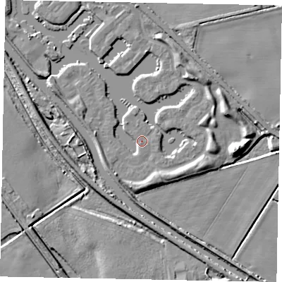 Shaded relief map of the ground around LN12WW, computed from Environment Agency LiDAR. The ground here sits at about 6 m above sea level and falls 8 m across the surrounding 800 m. Surface water reaching this point runs off ground lying to the south-south-east, 3.0 m higher.
