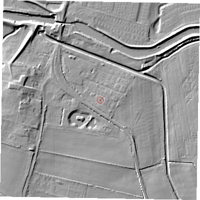 Shaded relief map of the ground around LN12XB, computed from Environment Agency LiDAR. The ground here sits at about 6 m above sea level and falls 8 m across the surrounding 800 m. Surface water reaching this point runs off ground lying to the east-north-east, 0.8 m higher.
