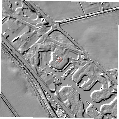Shaded relief map of the ground around LN12XG, computed from Environment Agency LiDAR. The ground here sits at about 6 m above sea level and falls 7 m across the surrounding 800 m. Surface water reaching this point runs off ground lying to the north-west, 0.8 m higher.