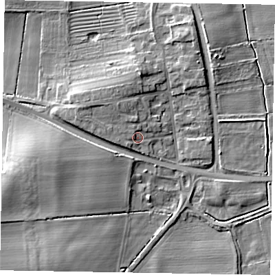 Shaded relief map of the ground around LN12YU, computed from Environment Agency LiDAR. The ground here sits at about 8 m above sea level and falls 12 m across the surrounding 800 m. Surface water reaching this point runs off ground lying to the west-north-west, 1.8 m higher.