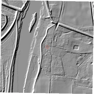 Shaded relief map of the ground around LN12YZ, computed from Environment Agency LiDAR. The ground here sits at about 6 m above sea level and falls 8 m across the surrounding 800 m. Surface water reaching this point runs off ground lying to the north-north-east, 2.5 m higher.