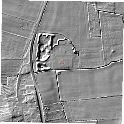 Shaded relief map of the ground around LN12ZB, computed from Environment Agency LiDAR. The ground here sits at about 6 m above sea level and falls 7 m across the surrounding 800 m. The ground contributing surface water to this point lies to the south.