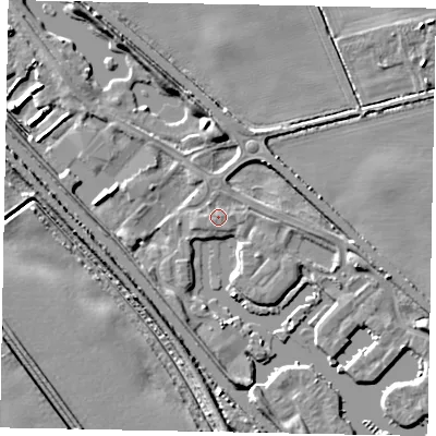 Shaded relief map of the ground around LN12ZD, computed from Environment Agency LiDAR. The ground here sits at about 6 m above sea level and falls 7 m across the surrounding 800 m. Surface water reaching this point runs off ground lying to the north-east, 3.1 m higher.