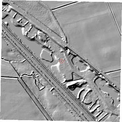 Shaded relief map of the ground around LN12ZG, computed from Environment Agency LiDAR. The ground here sits at about 6 m above sea level and falls 10 m across the surrounding 800 m. Surface water reaching this point runs off ground lying to the north-east, 3.5 m higher.