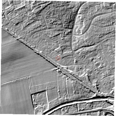 Shaded relief map of the ground around LN12ZH, computed from Environment Agency LiDAR. The ground here sits at about 6 m above sea level and falls 12 m across the surrounding 800 m. Surface water reaching this point runs off ground lying to the north-north-west, 7.8 m higher.